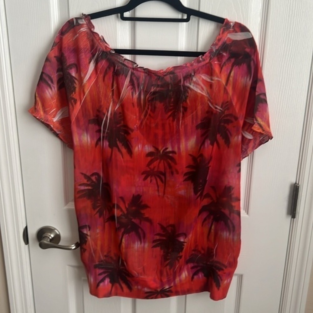 Maurices Palm Tree Blouse Sheer Tie Neck Short Sleeve Red XL - Picture 7 of 10